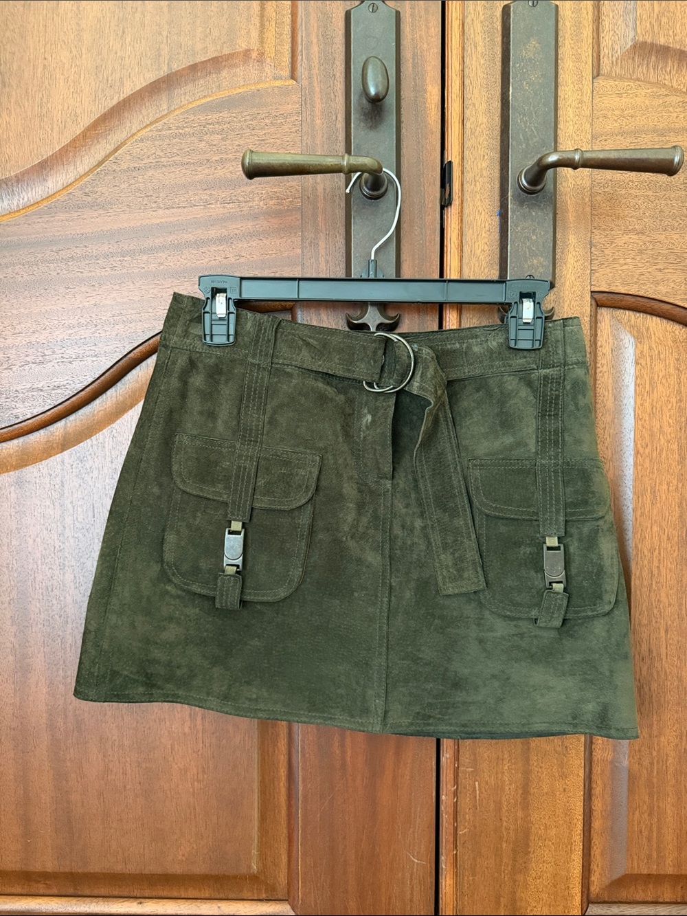 Olive Green Suede Mini Skirt with bronze ton Utility Pockets closures